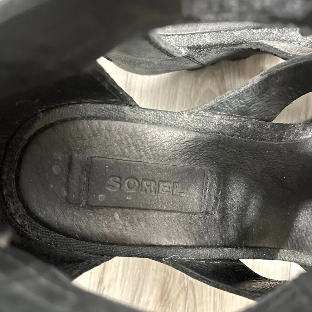 Sorel Joanie Black‎ Leather Gladiator Lace Up Wedge Sandal Heels in Size 8.5